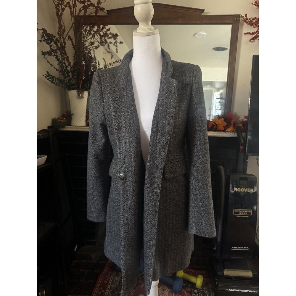 Zara Womens M Gray Herringbone Longline Blazer Coat Tailored Dark Academia
